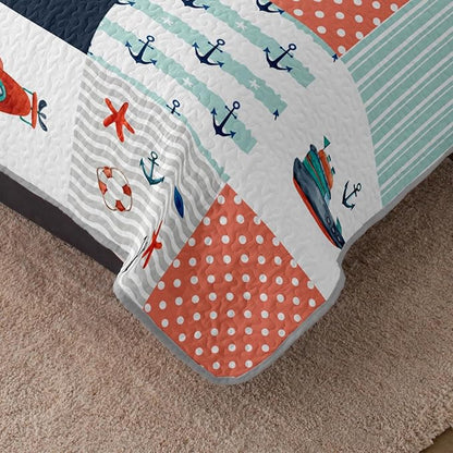 HOSIMA Nautical Queen Quilt,Plaid Patchwork Pattern Hand Painted Seaplane,Boat and Anchor Quilt for Bedroom Nautical Decor,Sea Adventure Theme Coastal Bedding with 2 Pillowcases.