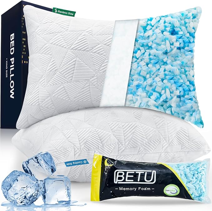 BETU Cooling Pillows Standard Size Set of 2, Shredded Memory Foam Cool Pillows for Hot Sleepers, Adjustable Firm Soft Support Bed Pillows Perfect for Back Neck Pain and Side Sleeping, White