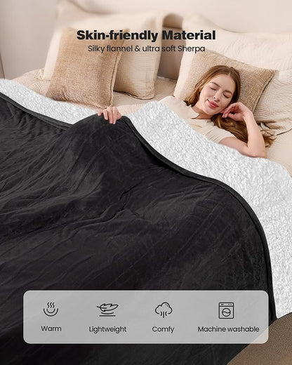 Electric Blanket King- Soft Heating Blanket, Dual Control & 9 Heat Levels, 10H Timer, Soft Flannel to Sherpa, Fast Heating Electric Throw, Machine Washable, Gift for Mom, Dad, 90"x100" Black