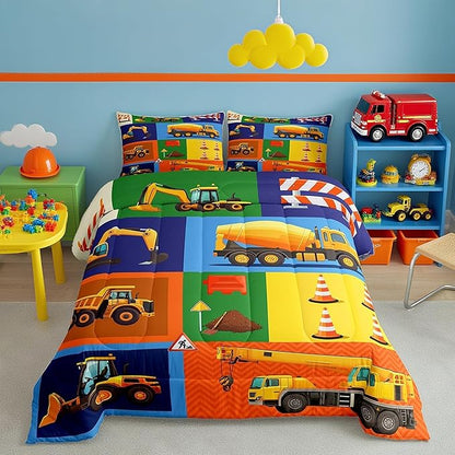 Cartoon Car Kids Comforter Set Twin Size Excavator Tractor Truck Bedding 2pcs Boys Teens Bedroom Decor Construction Vehicles Quilted Duvet Colorful Patchwork Plaid Insert,1 Pillowcase