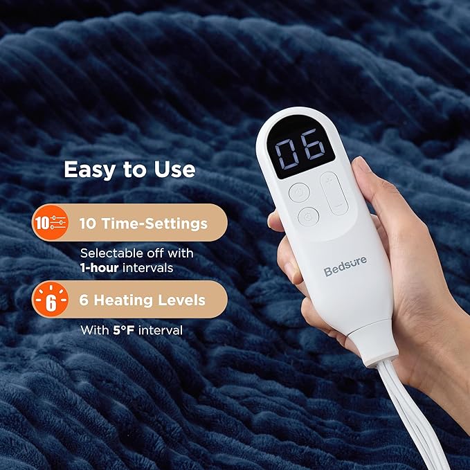Bedsure GentleSoft Electric Blanket Full Size - Soft Ribbed Flannel Heated Blanket with 6 Heat Settings, Heating with 10 Time Settings, 8 hrs Timer Auto Shut Off, Gifts for Grandma (72"x84", Navy)