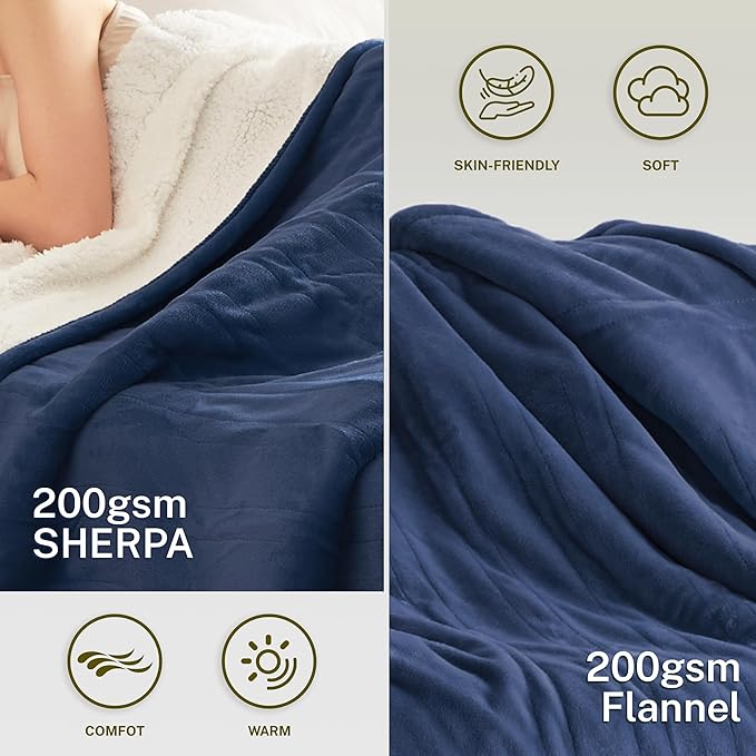 Heat Blanket 72”x84” Full Size,Soft Flannel & Sherpa Reversible Electric Blanket with 10 Heat Settings,12 Timer Setting and 8 Hours Auto-Shut Off,ETL Certified Machine Washable,Dark Blue