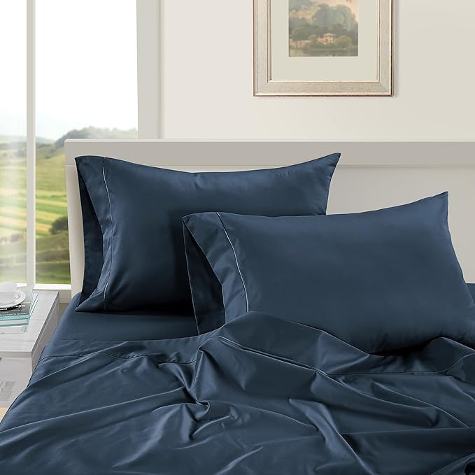 LANE LINEN 100% Egyptian Cotton California King Sheets Set, Soft & Comfy No Pill Fade Resistant Oeko-Tex Certified Cotton Sheets Cal King Size Set, 15" deep Pokcet Sheets - Dark Denim