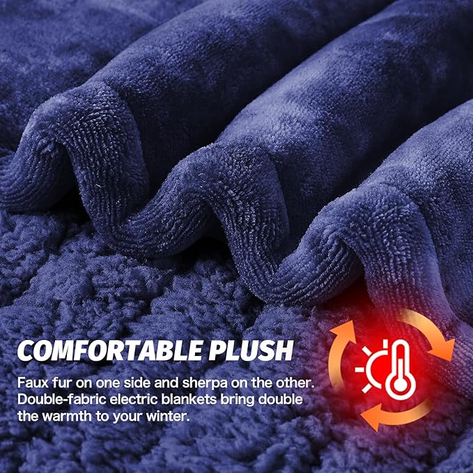greenoak Heated Electric Blanket Throw, Faux Fur Sherpa Heating Blanket for Sofa Bed, Warm Winter Gifts for Dad/Grandma, Heater Lap Blankets 5-Position Timer &10 Heating Levels 62''*84" Cobalt