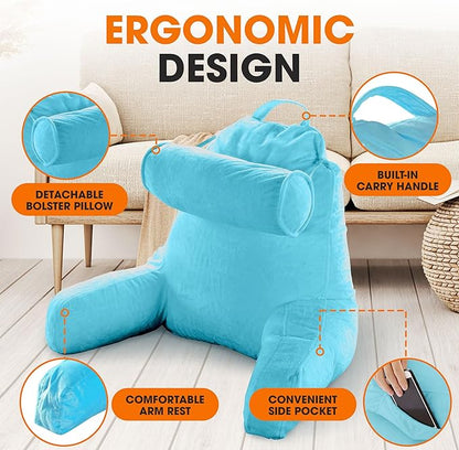 Cheer Collection Reading Pillow Chair - Chair Pillow with Arms and Detachable Neck Bolster for Bed & Couch - Machine Washable, Sky Blue