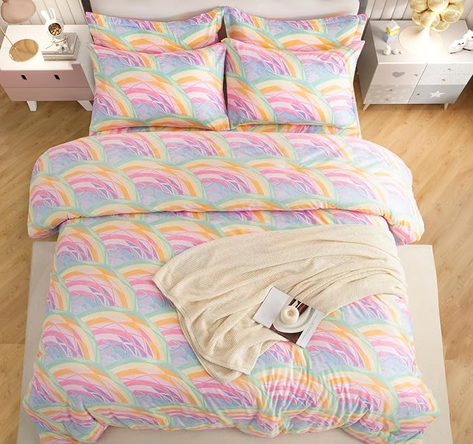 SDY 7PCS Rainbow Comforter Set Full Size Cute Printed Comforter Sets Bed in a Bag for Toddler,Girls Boys and Kids, with Comforter, Flat Sheet, Fitted Sheet and Pillowcases & Shams