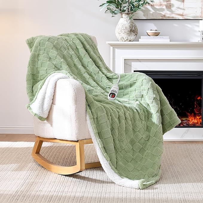 Heated Throw Blanket 50"x60" - 9-Level Fast Heating & 1-10H Timer, Fluffy Plush Blanket with Snap Buttons for Secure Fit, Soft Cozy Gift for Women/Men, for Couch, Bed & Office, Green