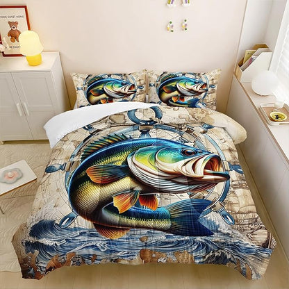 Bass Big Fish Comforter Set for Kids Boys Queen Size, Nautical Hunting and Fishing Pattern Bedding Sets, 3Pcs Vintage Wooden Comforter Soft Decor Underwater Animals Theme Quilt Set