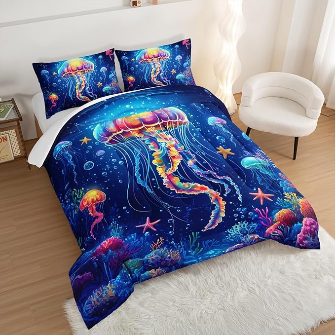 Fantasy Jellyfish Comforter Full Bedding Sets for Girls Kids Toddlers,Coral Starfish Ocean Theme Bedroom Decor,Blue Underwater World Bedding Sets with 2 Pillowcases.