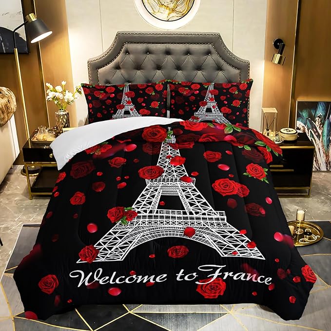 Eiffel Tower Comforter Set Queen Size Girls Red Rose Paris Bedding Set Romantic Theme Decor Adult Women Couple Quilted Bed Set with 1 Comforter and 2 Pillowcases