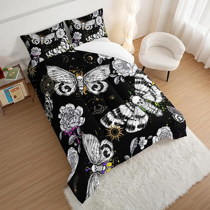 HOSIMA Death Moth Skull Heads Twin Comforter Horror Theme Halloween Bedding,Goth Bedding Butterfly Bed Set Twin Bed in a Bag Sets for Adults Boys Girls Room Decor Black Comforter Set.