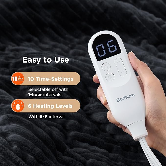 Bedsure GentleSoft Electric Blanket Twin - Soft Ribbed Flannel Heated Blanket, Heating with 10 Time Settings, 6 Heat Settings, and 8 hrs Timer Auto Shut Off, Gifts for Grandma (62x84 inches, Black)