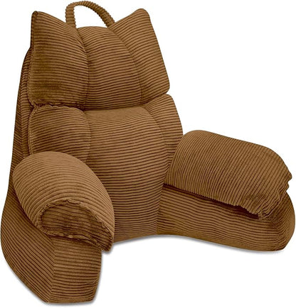 RRPAHWTV Reading Pillow for Bed with High Arm Rests,Back Support Pillow for Sitting Up in Bed with Shredded Memory Foam for Reading, TV, Gaming or Relaxing on Floor（Brown，Large）
