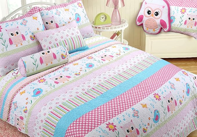 Cozy Line Home Fashions Happy Owl Pink Reversible Quilt Bedding Set, Coverlet, Bedspreads for Girls (Happy Owl, Twin - 2 Piece)