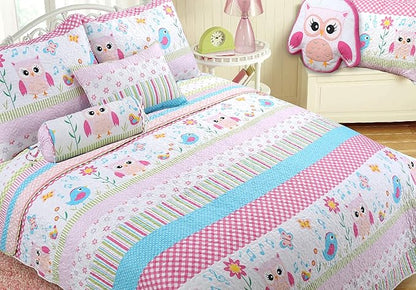 Cozy Line Home Fashions Happy Owl Pink Reversible Quilt Bedding Set, Coverlet, Bedspreads for Girls (Happy Owl, Queen -3 Piece)