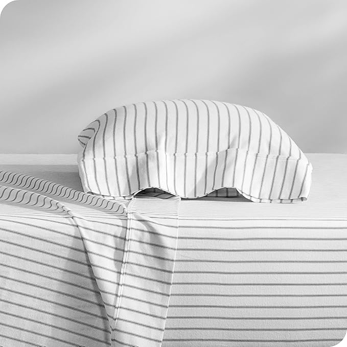 Bare Home Flannel Sheet Set Prints, 100% Cotton, Velvety Soft Heavyweight - Double Brushed Flannel for Extra Softness & Comfort - Deep Pocket - Bed Sheets (Twin XL, Ticking Stripe - White/Grey)