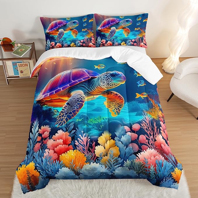 Ocean Bedding Turtle Comforter Set Queen Size,Undersea World Bedding Collections for Kids Teens Boys Room Decor,Colorful Coral Aquatic Plants Beach Themed Bedding with 2 Pillowcases.