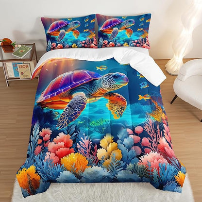 Cute Ocean Comforter Set Kids Bedding Twin Size,Color Jellyfish Conch Sea Star Print Comforter for Teens Boys Girls Room Decor,Kawaii Beach Bedding Set with 2 Pillowcases.