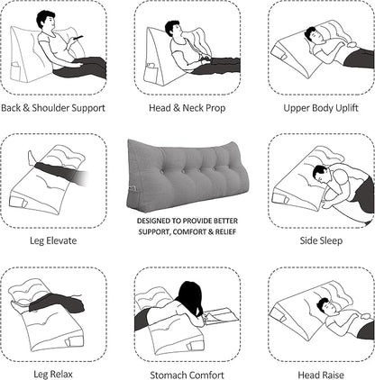Wedge Pillow Headboard Reading Pillow for Sitting Up in Bed Adult Backrest Large Triangle Bolster Pillow for Couch Daybed Cushion Lumbar Body Support Leg Positioning（Grey, Queen）