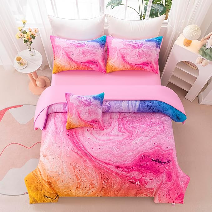 6Pcs Tie Dye Twin Comforter Set for Girls Kids, Watercolor Marble Abstract Art Pink Bedding Sets Twin Bed in A Bag (1 Comforter, 1 Flat Sheet, 1 Fitted Sheet, 1 Cushion Cover, 2 Pillowcases)