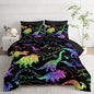 Rainbow Dinosaur Comforter Set (7 Piece) - Kids Bedding Black Dinosaur Duvet Set for Boys Girls Teens, Quilt Bed Set with 2 Pillow Shams, Flat Sheet & Fitted Sheet (Queen) - Room Decor Gifts