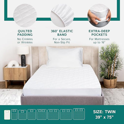 Twin Size Quilted Mattress Pad - Fitted Waterproof Mattress Protector, Pillow Top Mattress Topper, Premium Quality Hypoallergenic Mattress Cover