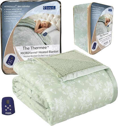 Thermee Micro Flannel Heated Blanket With Sherpa Back, 10-Setting Electric Twin Size, Programmable, Ultra-Soft Throw, Heating Thermal - Toile Celery Green