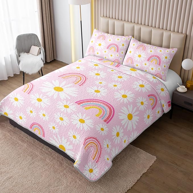 QOOMO Rainbow Quilt Set Twin Size,Daisy Bedspread Coverlet Set,Pink 3Pcs Bedding Set Printed Quilt with 2 Pillowcases,Soft and Lightweight,for All Seasons