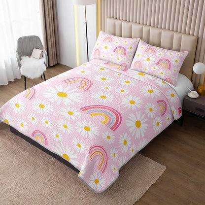 QOOMO Rainbow Quilt Set King Size,Daisy Bedspread Coverlet Set,Pink 3Pcs Bedding Set Printed Quilt with 2 Pillowcases,Soft and Lightweight,for All Seasons
