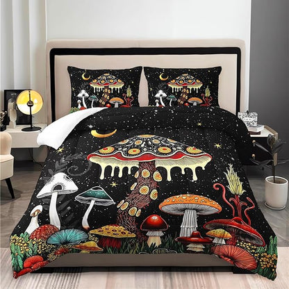 Kids Cute Mushroom Comforter 3Pcs Queen Natural Wild Botanical Fungus Bedding Set for Kid Teen Girl Boy Adult Plants Floral Moon Night Star Quilt Bed Decor with 1 Comforter and 2 Pillowcases