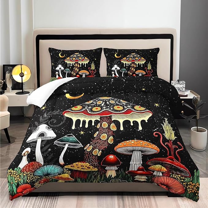 Kids Cute Mushroom Comforter 3Pcs Full Natural Wild Botanical Fungus Bedding Set for Kid Teen Girl Boy Adult Plants Floral Moon Night Star Quilt Bed Decor with 1 Comforter and 2 Pillowcases