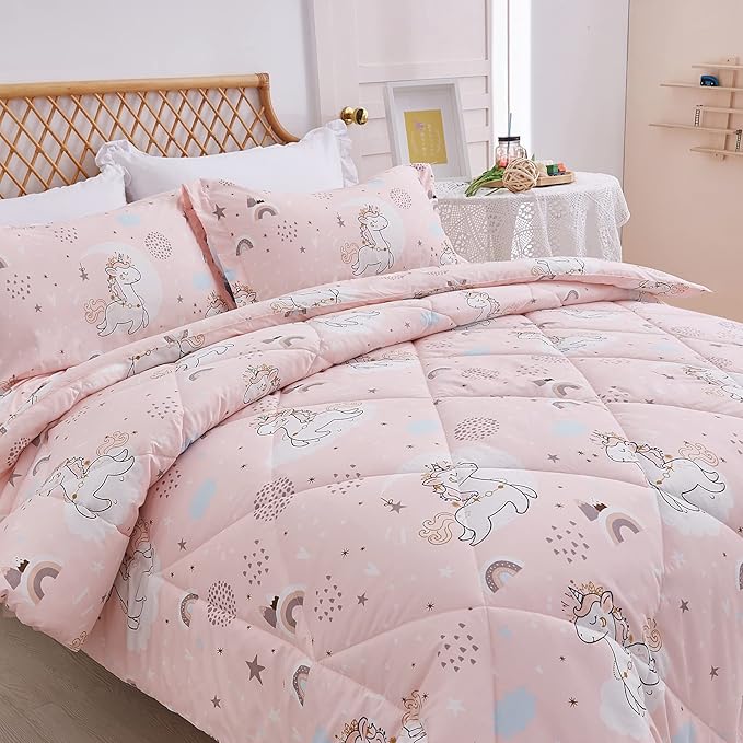 JSD Pink Unicorn Kids Comforter Set Full Size, 3 Piece Girls Rainbow Microfiber Comforter with Pillow Shams, Lightweight All Season Washable