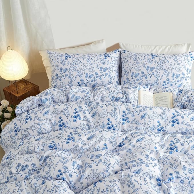 Blue Floral Duvet Cover Full 3Pcs Botanical Flower Bedding Set Soft Microfiber Cottagecore Flowers Duvet Cover Set with 2 Pillowcases(No Comforter)