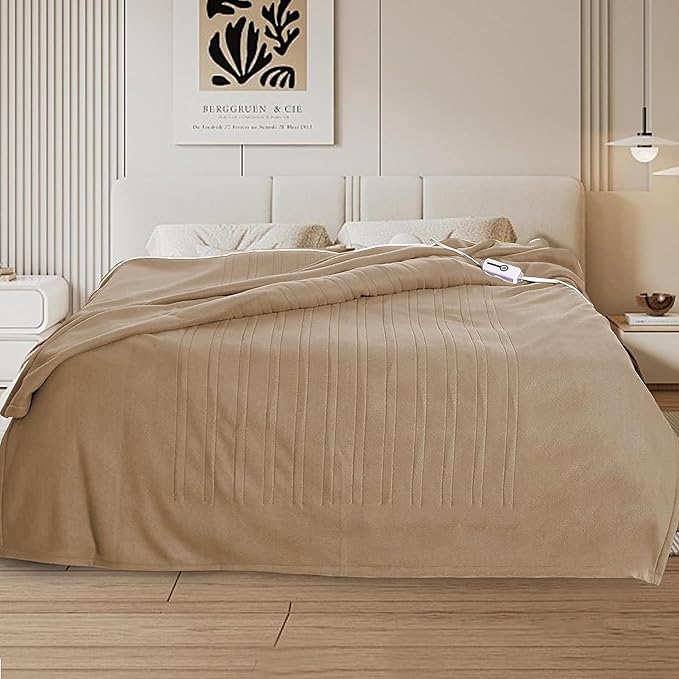 Electric Heated Blanket Full 72"x84", 4 Heating Levels & 10H Auto Shut Off, Soft Single-Side, Even Heat, Easy Care, Fleece Overheating Protection, Machine Washable, Light Brown