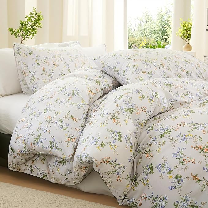 Green Floral Duvet Cover Queen Size 100% Cotton Botanical Coquette Bedding Sets with Zipper Closure 3 Pieces Soft & Breathable Reversible Comforter Cover