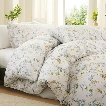 Green Floral Duvet Cover Queen Size 100% Cotton Botanical Coquette Bedding Sets with Zipper Closure 3 Pieces Soft & Breathable Reversible Comforter Cover