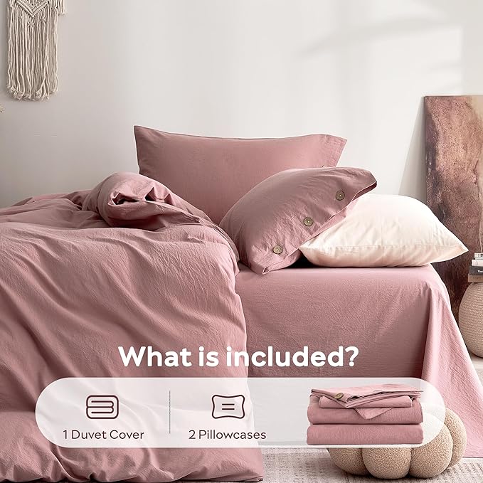 JELLYMONI 100% Washed Cotton Duvet Cover Queen – Soft, Breathable Linen-Look Bedding with Natural Wrinkle Texture, Button Closure, 3-Piece Set (Darker Rose, 90"x90")