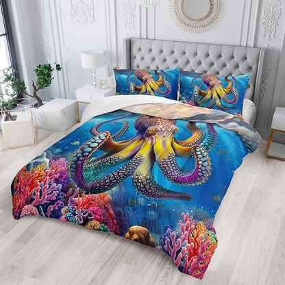 3D Octopus Comforter Set Twin Size 3Pcs Nautical Ocean Bedding Set Seaweed Quilt Bed Set for Boys Girls with 1 Comforter and 2 Pillowcases