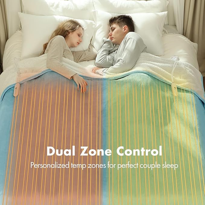 Queen Size Electric Blanket 84" x 90" - Flannel Sherpa Washable Heated Blanket with Dual Control, 5 Heating Levels & 10 Hours Auto Off, Heating Blanket with Overheat Protection for Home(Blue)