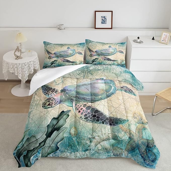 CVHOUSE Sea Turtle Comforter Set, Ocean Bedding for Kids Teens, Duvet Quilt Room Decor Queen Size
