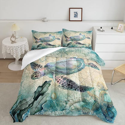 CVHOUSE Sea Turtle Comforter Set, Ocean Bedding for Kids Teens, Duvet Quilt Room Decor Queen Size