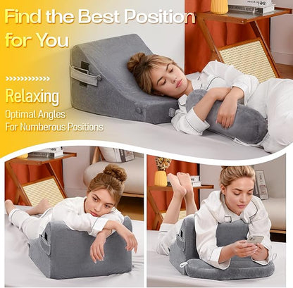 MOON PINE Reading Pillow for Adults, Memory Foam Backrest with Detachable Arms - Bed Pillow for Sitting Up, Built-in Cup Holder & Phone Pocket (Gray, 21 inch)