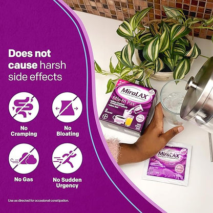MiraLAX Gentle Constipation Relief Laxative Powder, Stool Softener with PEG 3350, No Harsh Side Effects, Single Dose Mix-In Pax with Mixing Stirrers, Travel Pack, 10 Dose