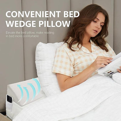 Bed Wedge Pillow for Headboard Gap Bed Mattress Gap Filler (0-8") Between Headboard/Wall and Mattress White King Size Foam Support Triangle Bloster Pillow Stoppers with 2 Pockets