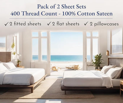 California Design Den 2-Pack Twin Cotton Sheets Sets - 400 Thread Count 100% Cotton Sateen - Soft and Breathable Sheets, 2 Sets of Deep Pocket Bed Sheets - Bright White