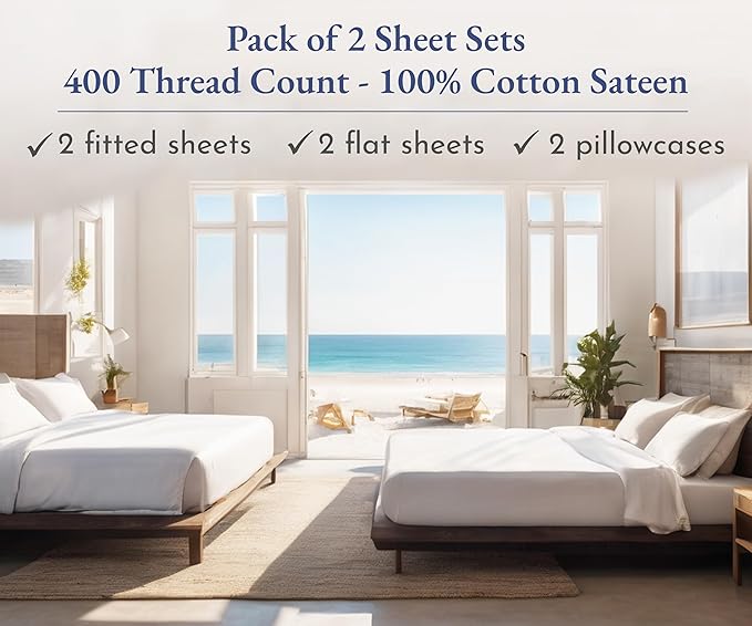 California Design Den 2-Pack Twin Sheets Set - 400 Thread Count 100% Cotton Sateen - Soft and Breathable Sheets, 2 Sets of Deep Pocket Bed Sheets - Indigo Dusty Blue