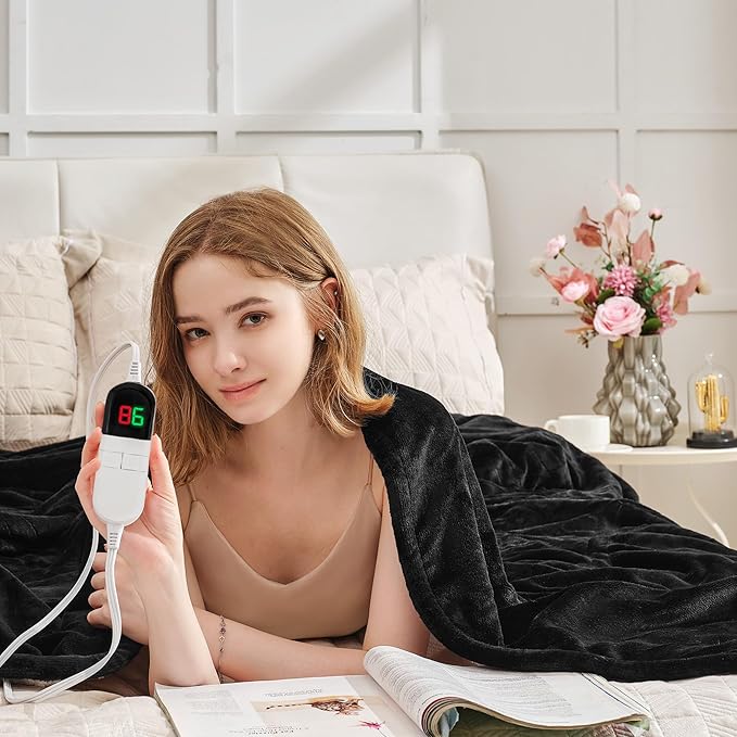Premium Electric Blanket King 90"100" - Flannel Sherpa, 6 Heating Levels, Dual Control, Auto Shut Off, Machine Washable (Black)