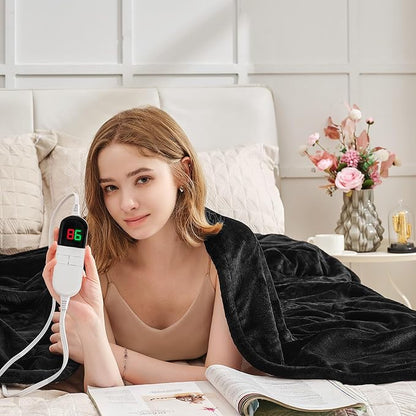 Premium Electric Blanket King 90"100" - Flannel Sherpa, 6 Heating Levels, Dual Control, Auto Shut Off, Machine Washable (Black)