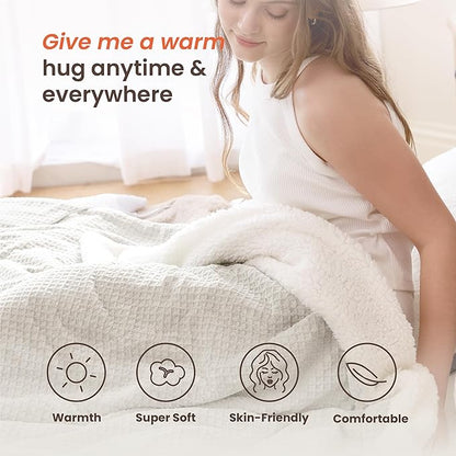 Heated Blanket Electric Blanket Full Waffle,72x84 Inches Sherpa Fleece Fast Heating Blanket 6 Heating Levels & 10 Hours Auto Off ETL Certification,Beige Full