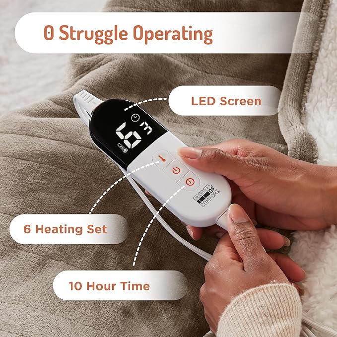 Degrees of Comfort Electric Heated Blanket Queen Size with Dual Control - Soft Flannel Heating Blankets with 6 Heat Settings, Auto Shut-Off, Overheat Protection, ETL Certified - 84x90'', Mocha